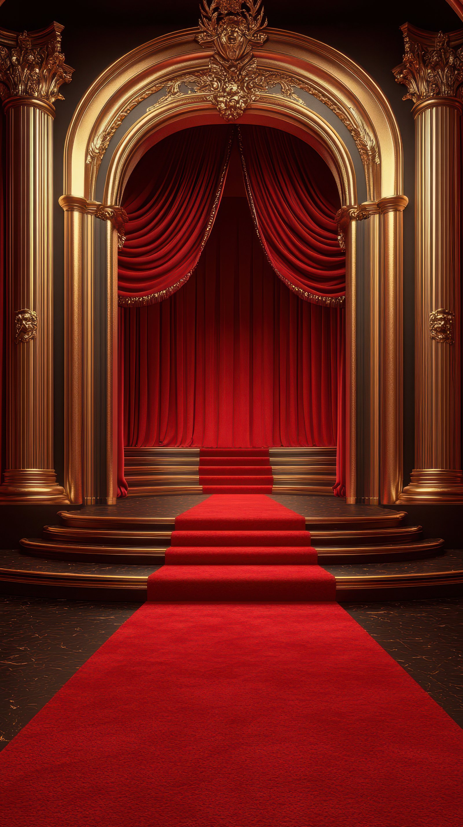 Elegant red carpet entrance to a majestic stage with golden columns and rich red drapery in a lavish theater setting